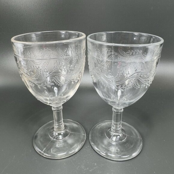 Antique EAPG Capitola Barley Goblet Bryce Higbee Clear Cups Manganese 365nm Set2 - Picture 13 of 16